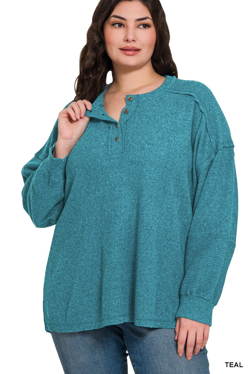 Curvy Exposed Seam Henley Sweater