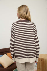 Brown Contrast Striped Sweater With Front Seam