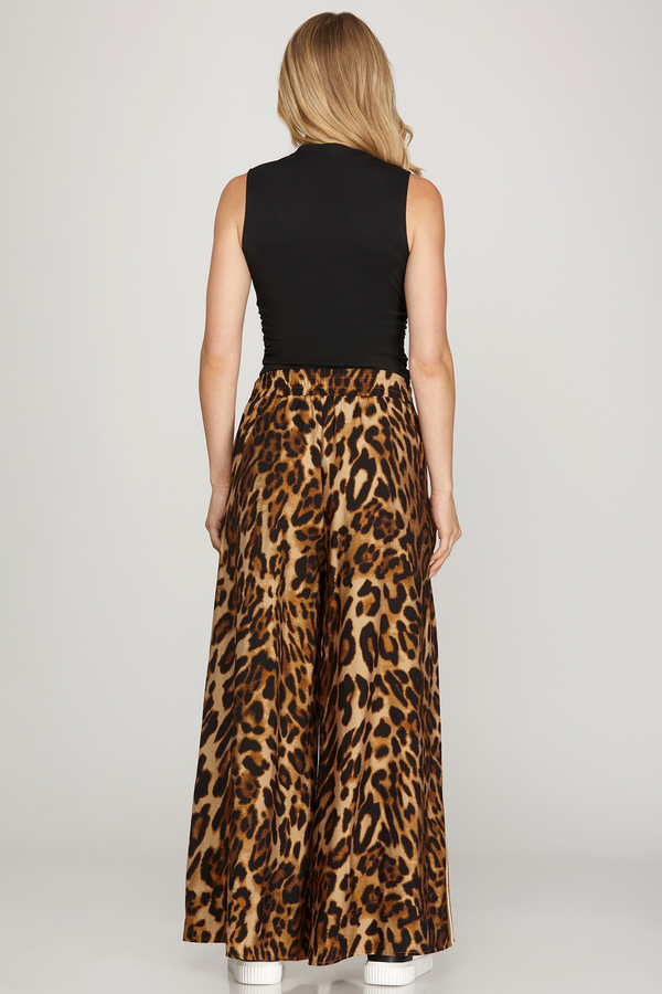 Wide Leg Leopard Print Pants With Side Stripe