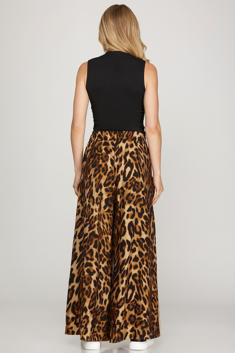 Wide Leg Leopard Print Pants With Side Stripe