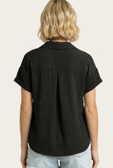 Black Short Sleeve Button Down Top