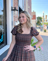 Brown Plaid Puff Sleeve Ruffle Midi Dress