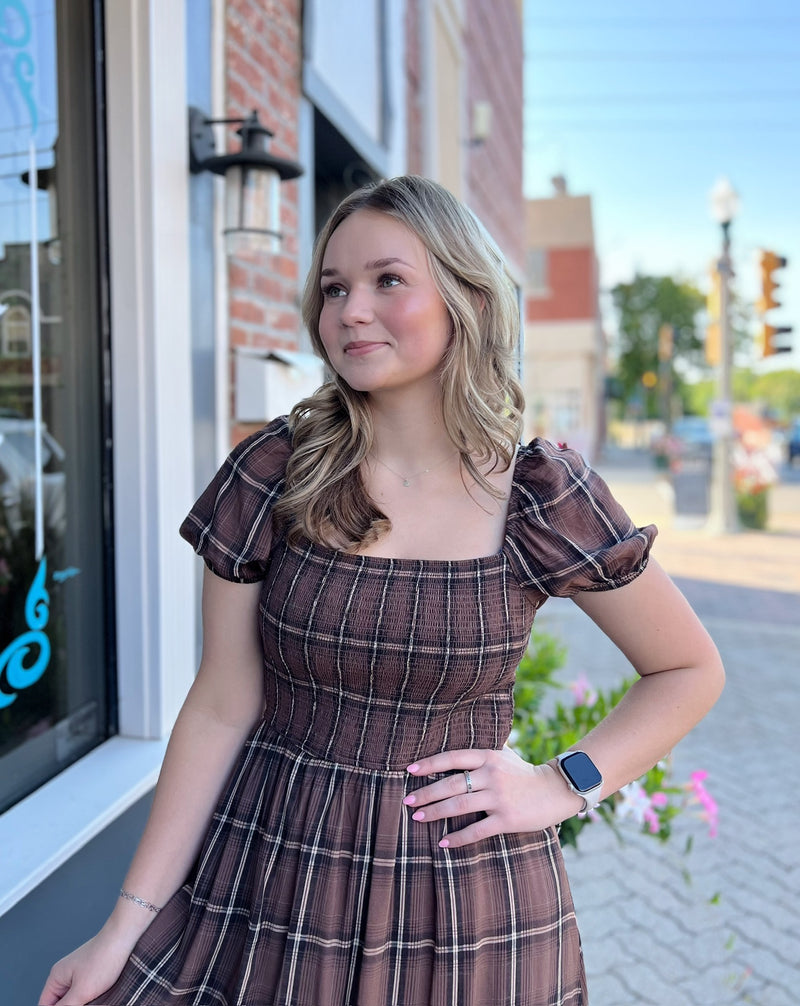 Brown Plaid Puff Sleeve Ruffle Midi Dress