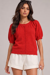 Red Puff Short Sleeve Cardigan