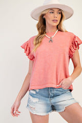 Coral Round Neck Relaxed Fit Wing Sleeve Top