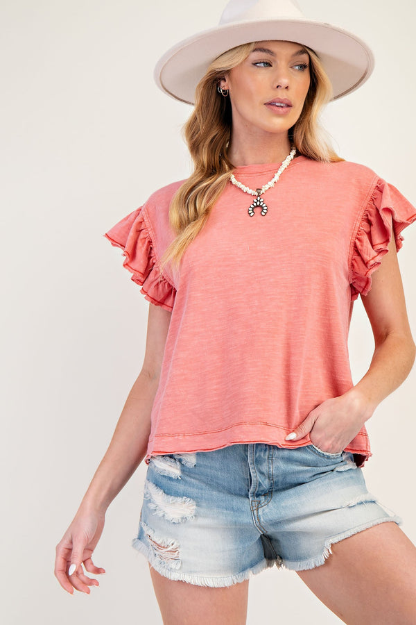 Coral Round Neck Relaxed Fit Wing Sleeve Top