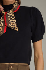 Black Solid Puff Sleeve Top With Leopard Scarf