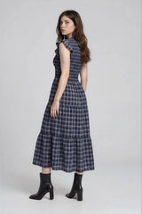 Plaid V Neck Smocked Midi Dress