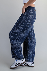 Washed Denim Paisley Barrel Jeans