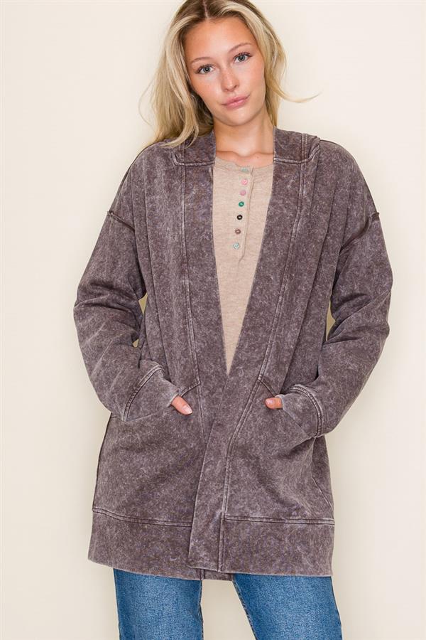 Gray French Terry Mineral Wash Hooded Cardigan
