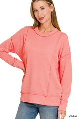 Corded Rib Long Sleeve Round Neck Pullover