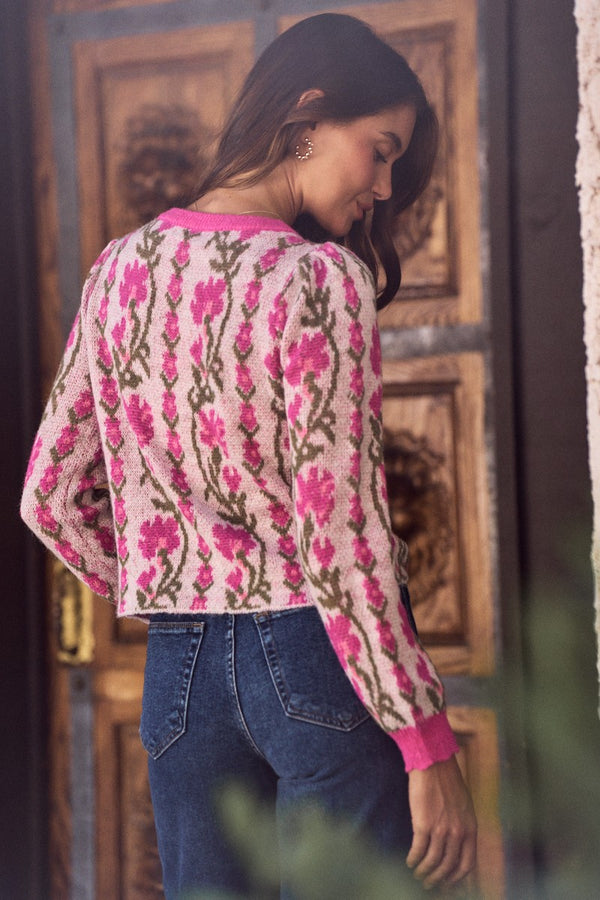 Pink Floral Scalloped Trim Cardigan