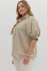 Curvy Olive Stripe Pattern Half-Zip Short Puff Sleeve Top