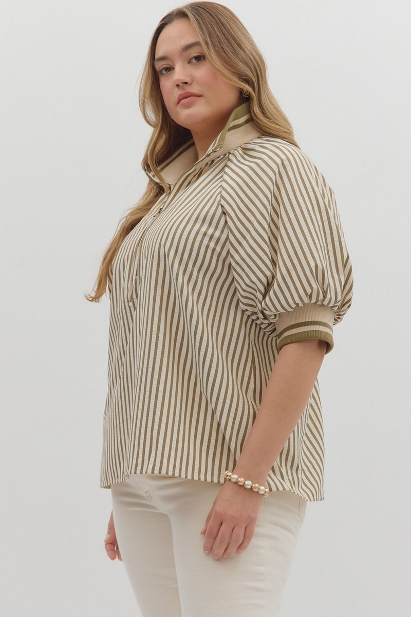 Curvy Olive Stripe Pattern Half-Zip Short Puff Sleeve Top