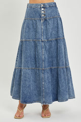 Denim High Rise Ruffle Long Skirt