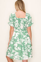 Sage V-Neck Smocked Dress with Puff Sleeve