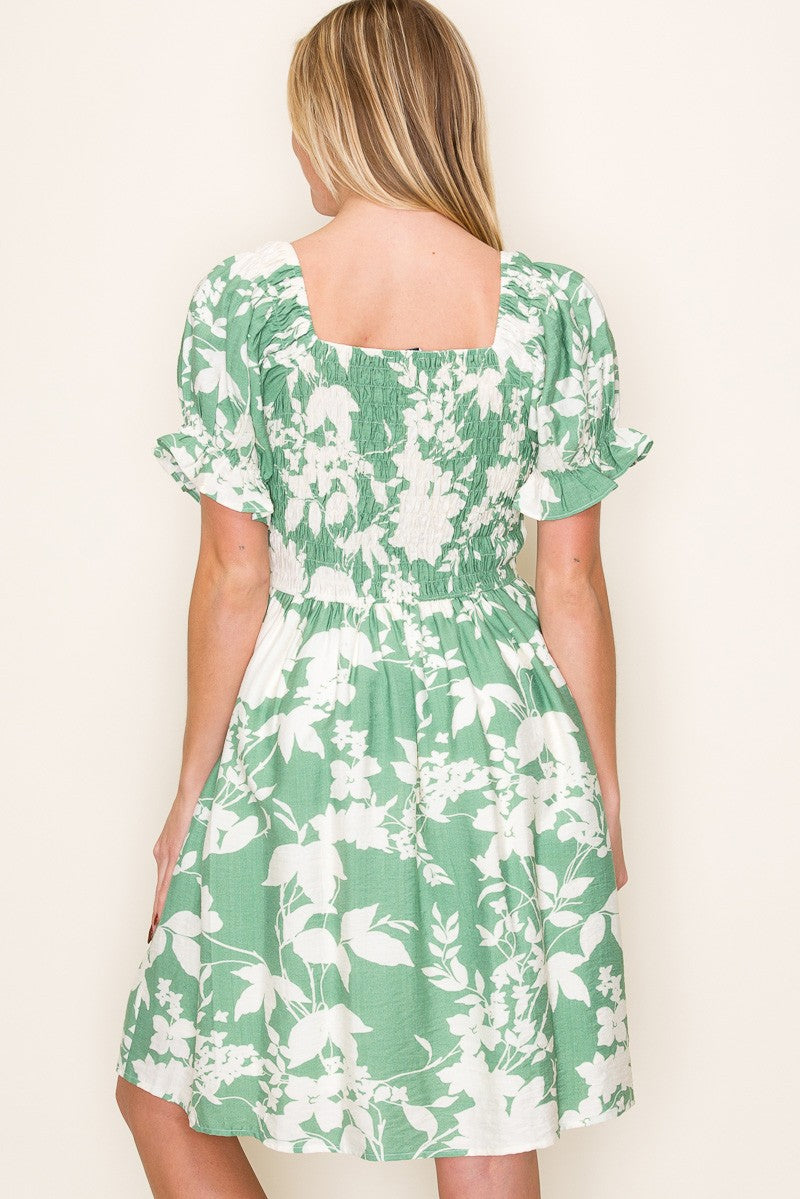 Sage V-Neck Smocked Dress with Puff Sleeve