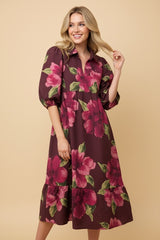 Burgundy Floral Puff Sleeve Midi Dress