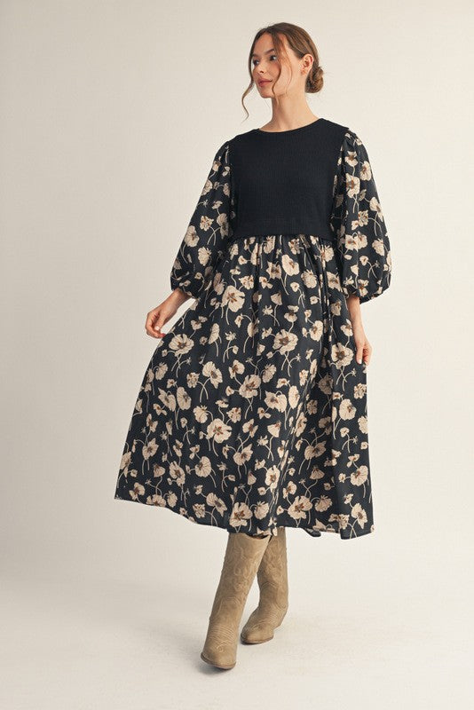 Black Ribbed Knit Floral Midi Dress