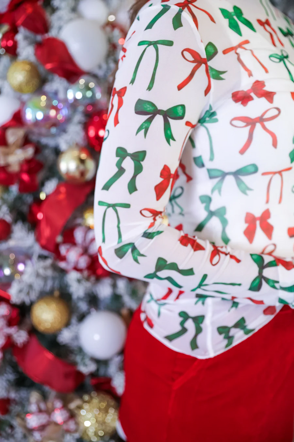 White Bow Christmas Mesh Top