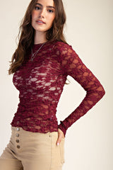 Wine Long Sleeve Popcorn Lace Fitted Top