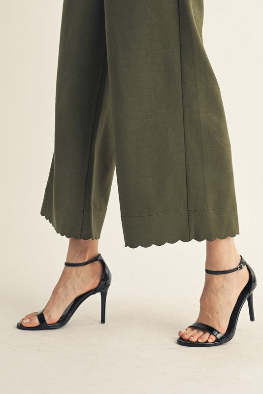 Olive Scalloped Edge Faux Suede Pants