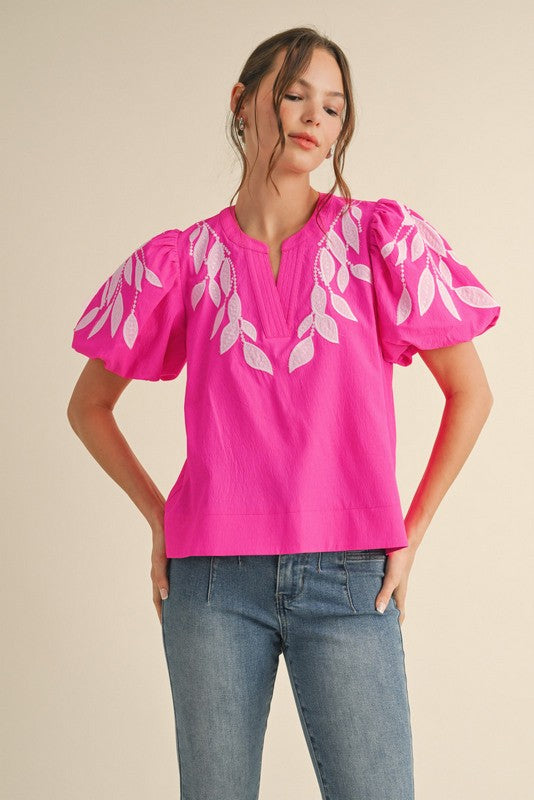 Curvy Pink Leaf Embroidered Puff Sleeve Top