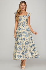 Blue & Cream Ruffled Sleeve Square Neck Dress