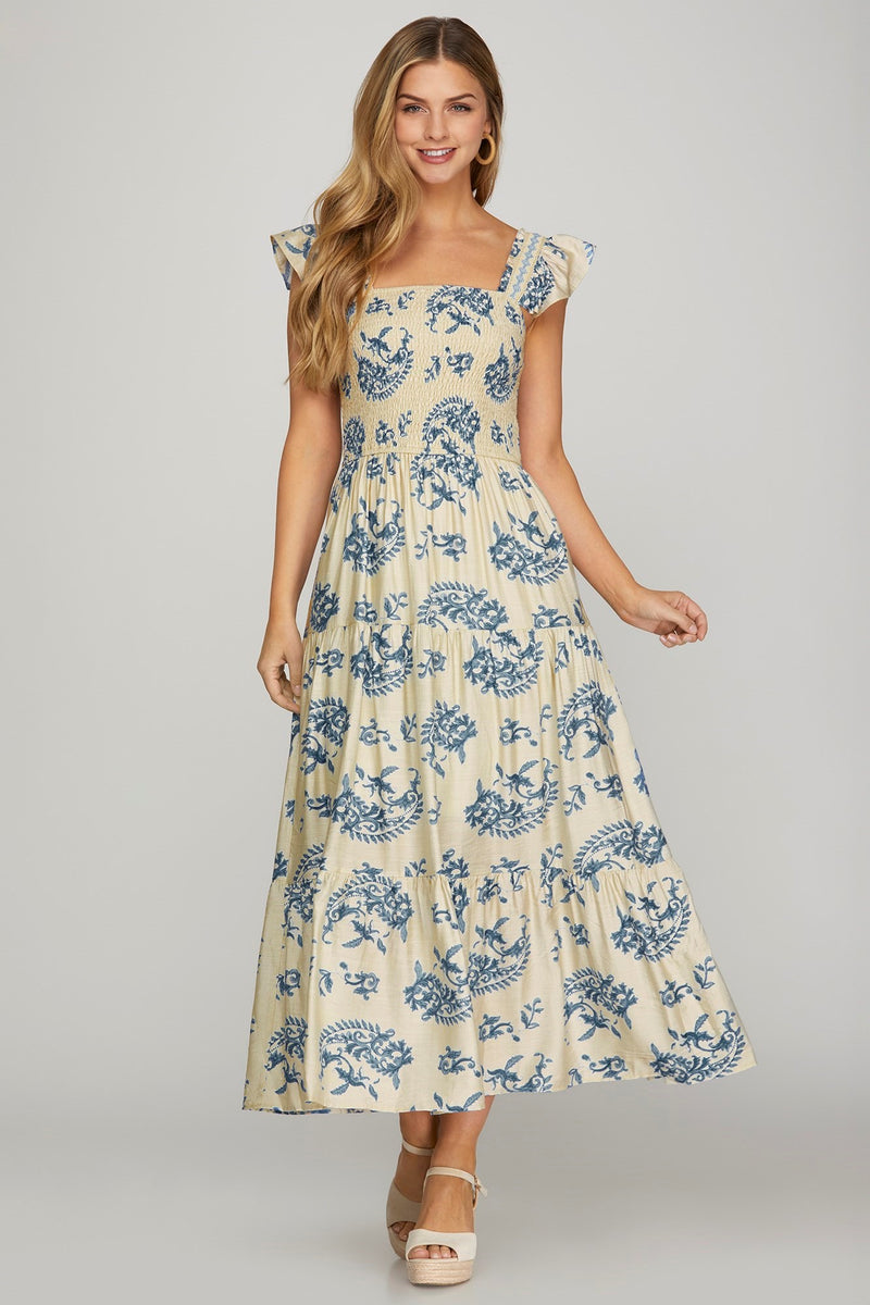 Blue & Cream Ruffled Sleeve Square Neck Dress