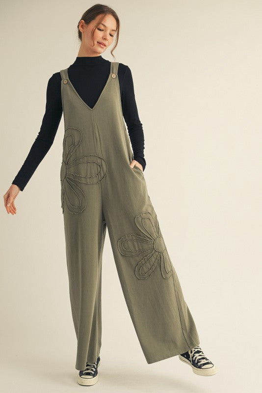 Raw Edge Patched Floral Overalls