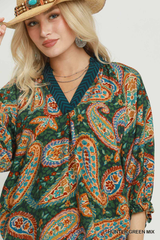 Teal Paisley Print Contrast Collar Top