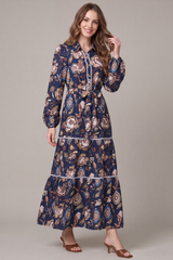Navy Floral Long Sleeve Tiered Tie Waist Maxi Dress