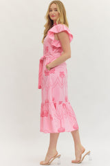 Pink Embroidered Palm Belted Midi Dress