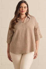 Curvy Brown Checked Collared 3/4 Button Sleeve