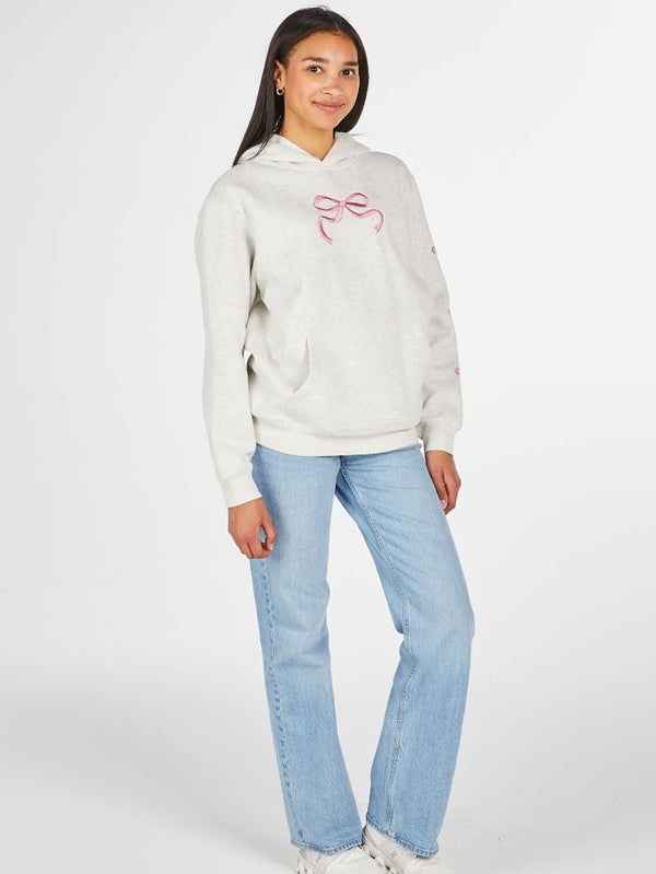 Light Gray Hoodie With With Pink Bows and Patchwork Hood
