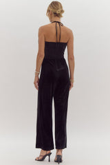 Black Velvet Halter Top with Tulle Bow Jumpsuit