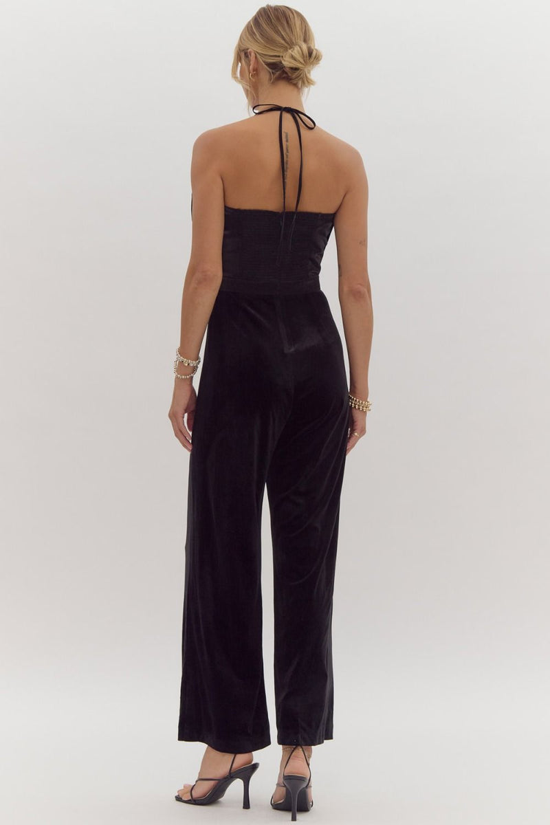 Black Velvet Halter Top with Tulle Bow Jumpsuit