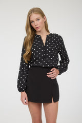 Black Polka Dot Blouse With Cinched Sleeves