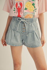Drawstring Waist Flare Denim Shorts