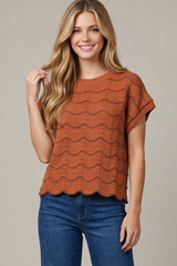 Rust Drop Sleeve Scallop Striped Sweater