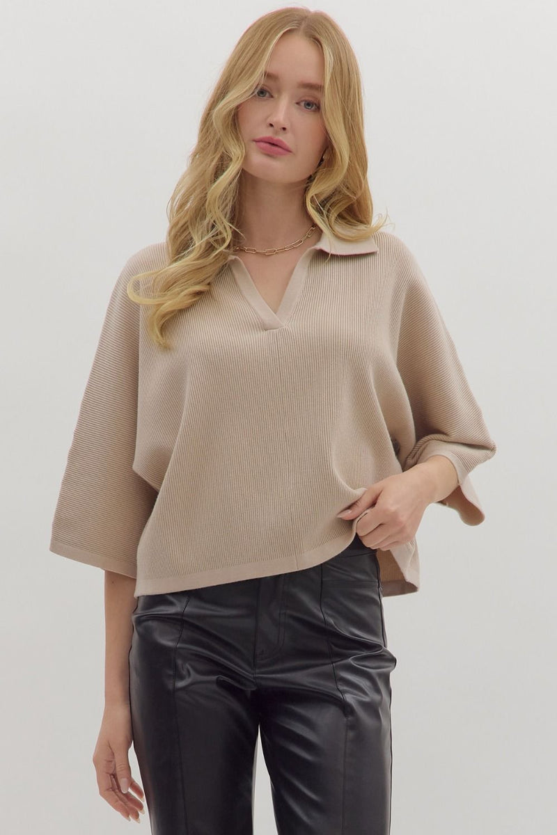 Stone Ribbed Collared Dolman Top