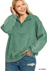Curvy Acid Washed Fleece Half Zip Pullover