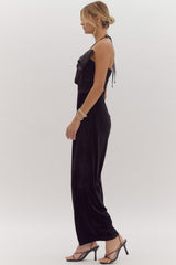 Black Velvet Halter Top with Tulle Bow Jumpsuit