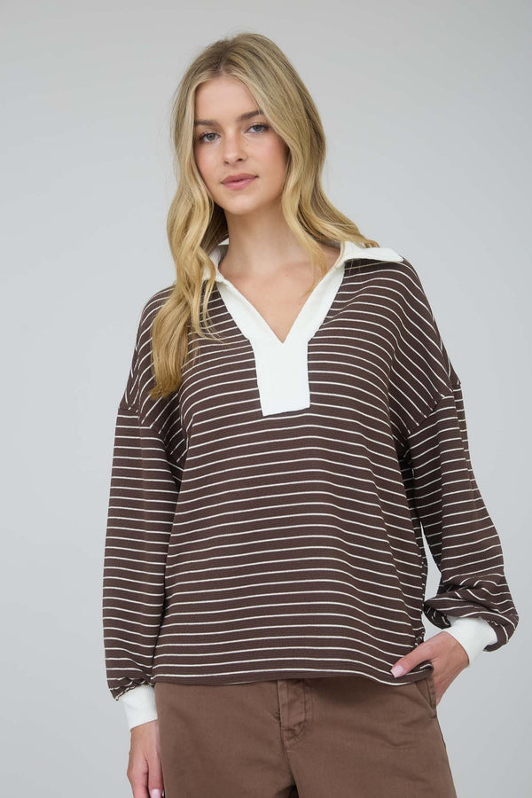 Contrast Collar Stripe Long Sleeve Knit Top