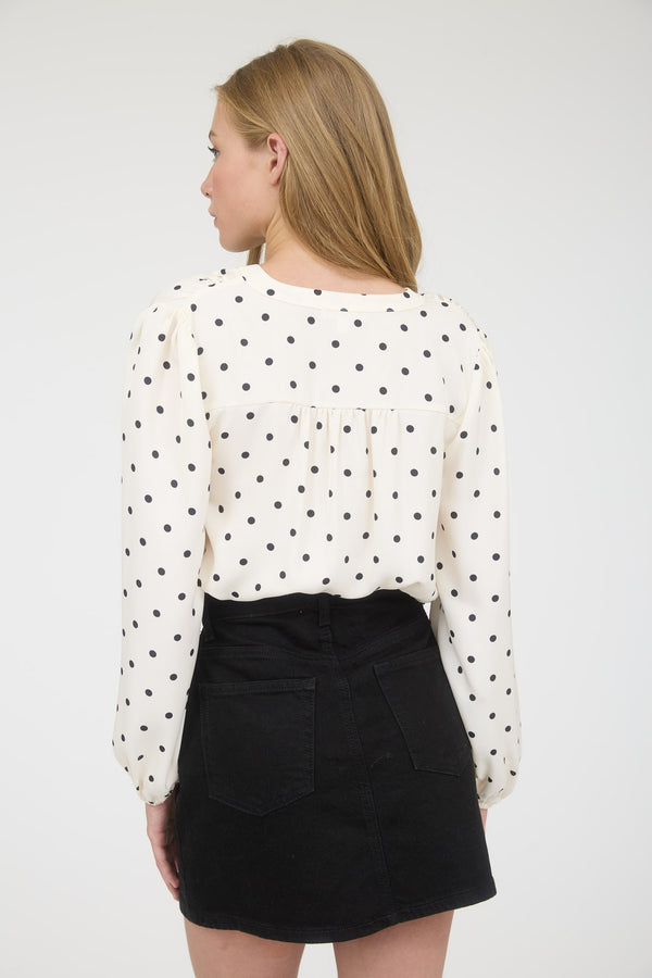 White Polka Dot Blouse With Cinched Sleeves