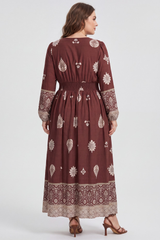 Curvy Brick Long Sleeve Border Print Dress