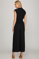 Black Smocked Waist Zip Front Jumpsuit