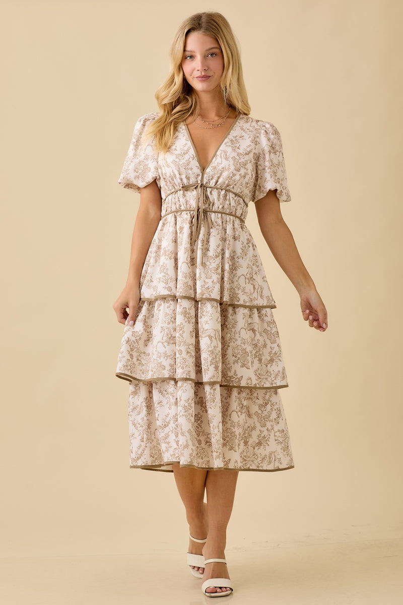 Taupe Horse Toile Ruffle Midi Dress