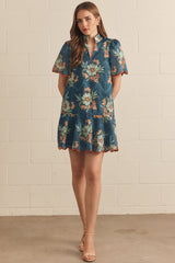 Teal Floral Print Scalloped Trim Dress