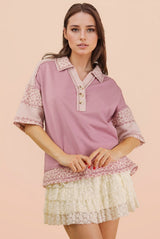 Curvy Floral Half Button Down Collared Top